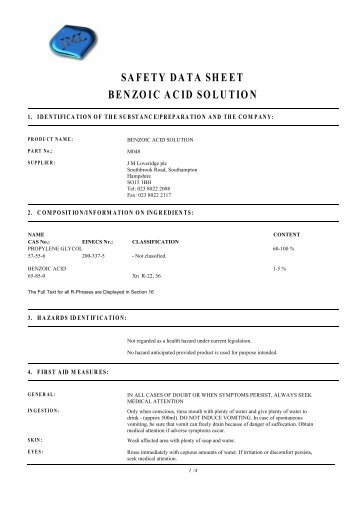 SAFETY DATA SHEET BENZOIC ACID SOLUTION - J.M.Loveridge plc