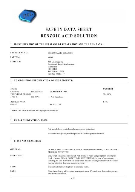 Safety Data Sheet Benzoic Acid Solution J M Loveridge Plc