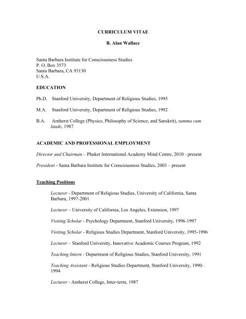 CURRICULUM VITAE B. Alan Wallace Santa Barbara Institute for ...