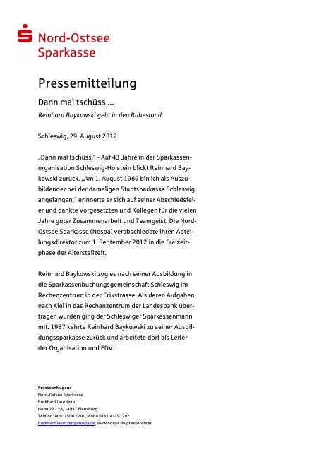 Reinhard Baykowski Geht In Den Ruhestand Nord Ostsee Sparkasse