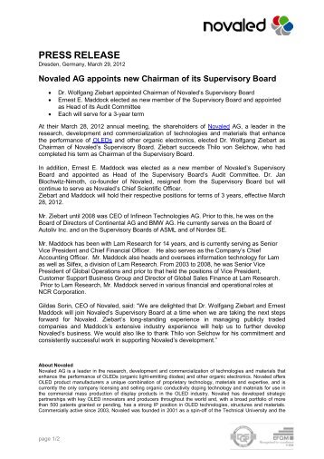 Novaled AG appoints new Chairman of its Supervisory Board