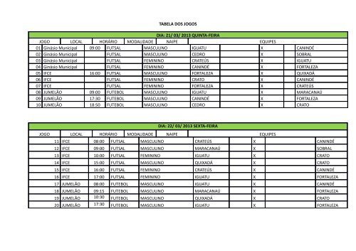 FUTSAL FEMININO: TABELA FE JOGOS DA SEMENA!