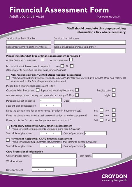 Financial assessment form for adult social services - Croydon Council