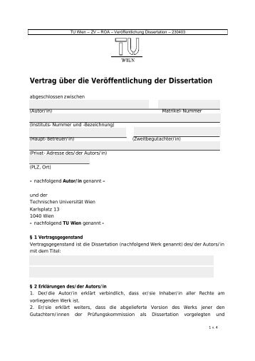 Vertrag über die Veröffentlichung der Dissertation