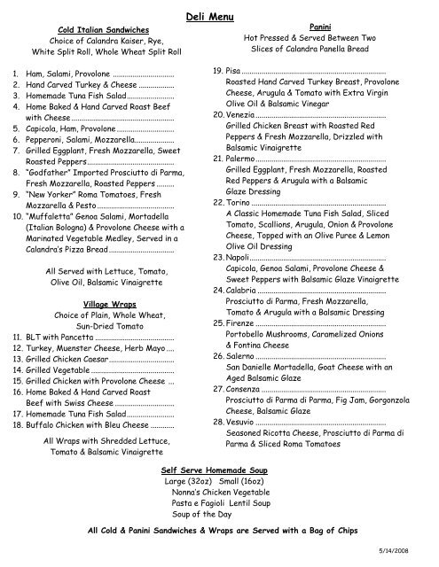 Calandra Menu Deli Menu - Calandra Italian & French Bakery
