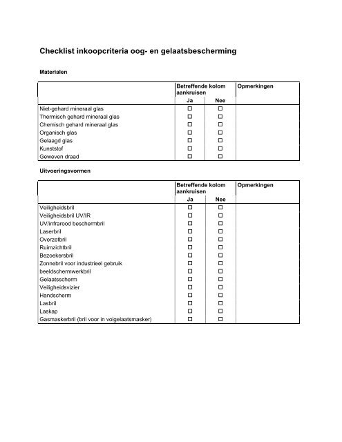 Checklist inkoopcriteria oog- en gelaatsbescherming - Arbo Online