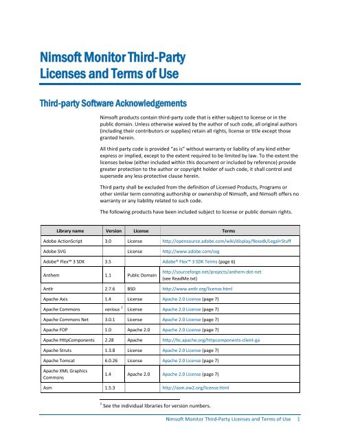 Nimsoft Monitor Third-Party Licenses and Terms of ... - Nimsoft Library