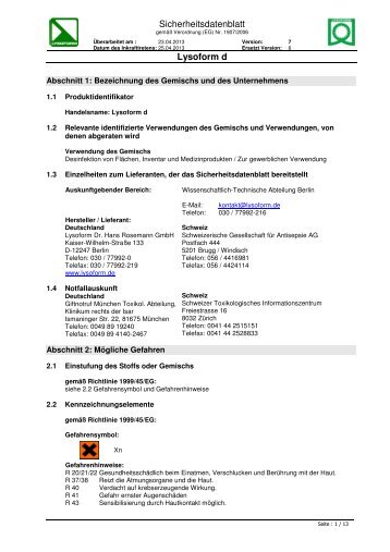 Sicherheitsdatenblatt Lysoform d - LYSOFORM Dr. Hans Rosemann ...