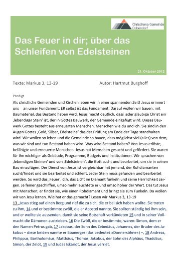 Texte: Markus 3, 13-19 Autor: Hartmut Burghoff - Chrischona