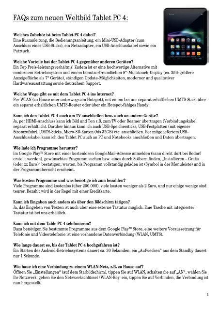 FAQs Tablet PC 4 - Weltbild.de