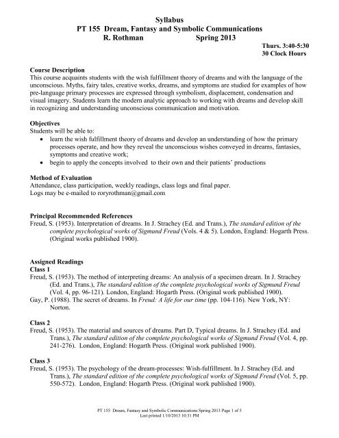 Syllabus PT 155 Dream, Fantasy and Symbolic Communications R ...