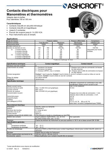 Fiches techniques Contacts ÃƒÂ©lectriques K55 - Ashcroft Instruments ...