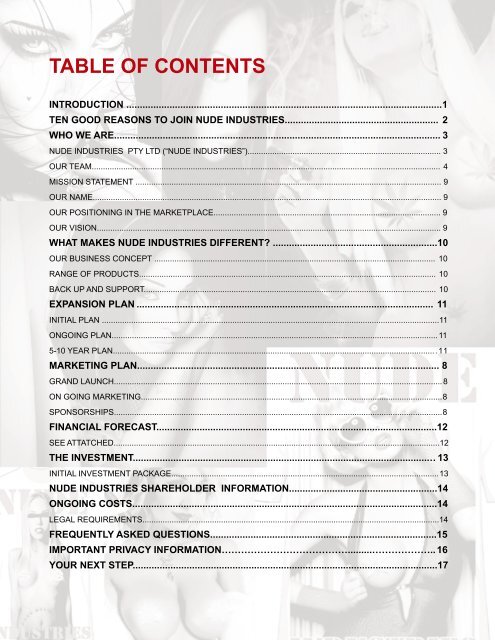 TABLE OF CONTENTS - Nude Industries