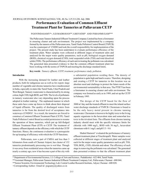 Performance evaluation of Common Effluent Treatment Plant