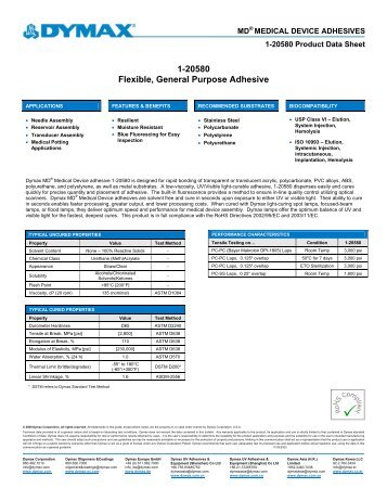 Dymax 1-20580 MD Medical Device Adhesive Product Data Sheet