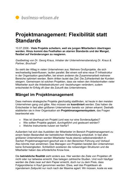 Projektmanagement: FlexibilitÃ¤t statt Standards - Dr. Kraus & Partner