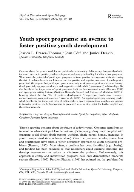 Youth sport programs: an avenue to foster positive youth development Youth sport programs: an avenue to foster positive youth development