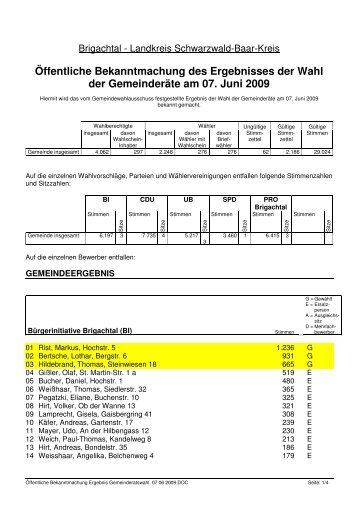 Öffentliche Bekanntmachung Ergebnis Gemeinderatswahl 07 06 2009