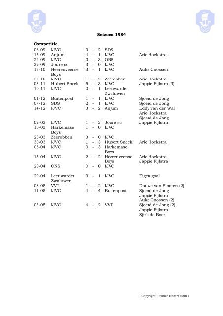 Seizoen 1984 Competitie 08-09 IJVC 0 - 2 SDS 15-09 Anjum 4 - 1 ...