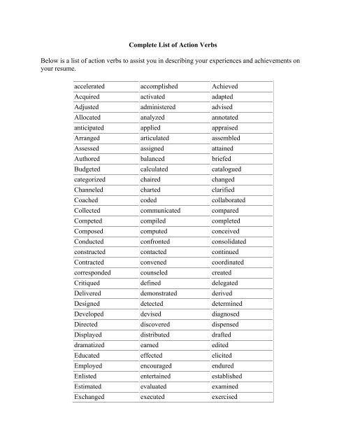 Action Verb List