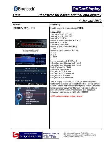 Lista Handsfree för bilens original info-display 1 Januari 2012