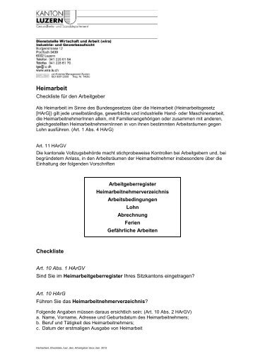 Heimarbeit Checkliste fÃƒÂ¼r den Arbeitgeber - Wirtschaft und Arbeit ...