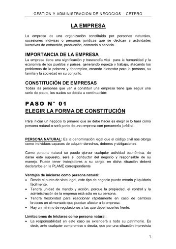 LA EMPRESA P A S O N ° 0 1 ELEGIR LA FORMA DE CONSTITUCIÓN