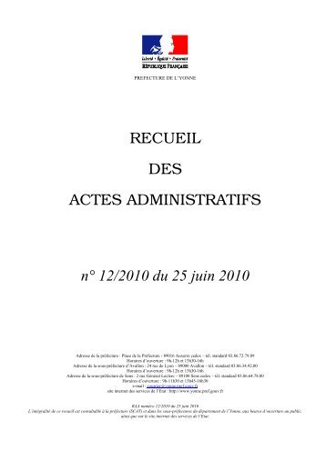 Recueil nÂ°12 du 25 juin 2010 - PrÃ©fecture de l'Yonne