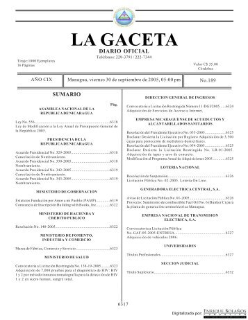 Gaceta - Diario Oficial de Nicaragua - # 189 de 30 Septiembre 2005