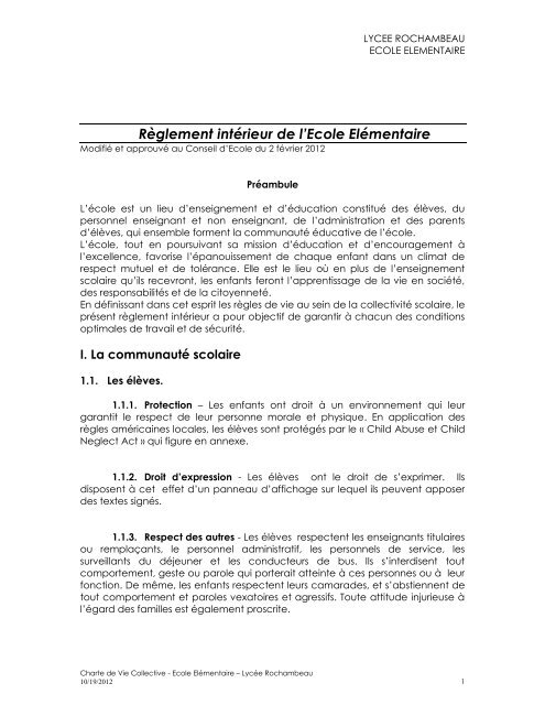Règlement intérieur de l'Ecole Elémentaire - Lycée Rochambeau