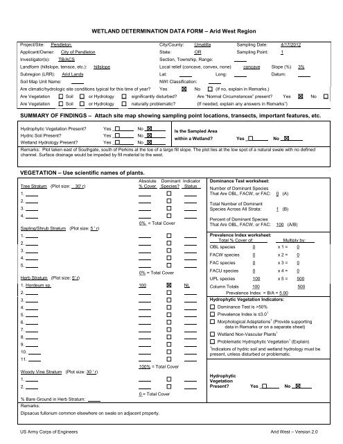 WETLAND DETERMINATION DATA FORM ... - City of Pendleton