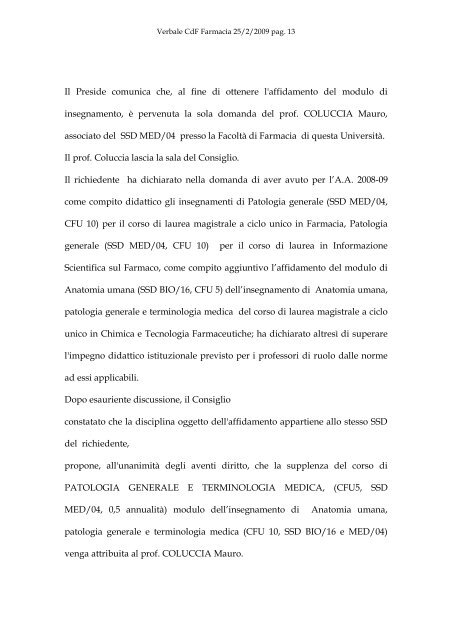 VERBALE DELLA SEDUTA DEL CONSIGLIO DI FACOLTA' DI ...