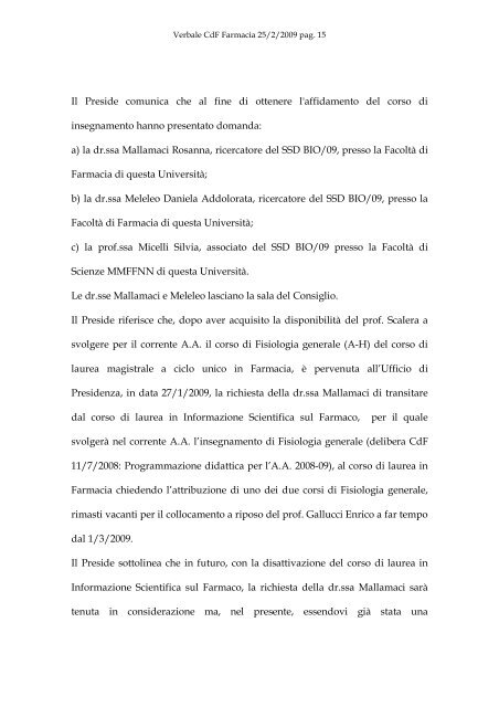 VERBALE DELLA SEDUTA DEL CONSIGLIO DI FACOLTA' DI ...