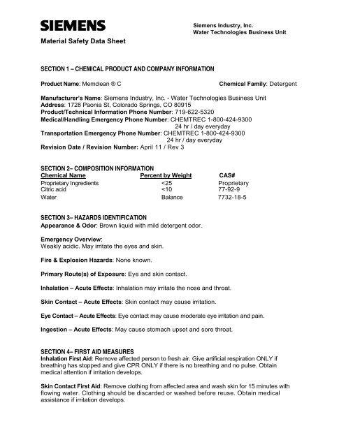 Memclean C - Siemens Water Technologies