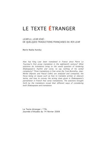 De quelques traductions fran溝ises du Roi Lear - Université Paris 8