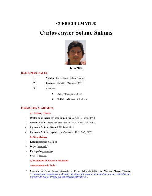Peru: CV del Dr. Solano - Lab. de Com. Distribuida, Altas Energias y ...