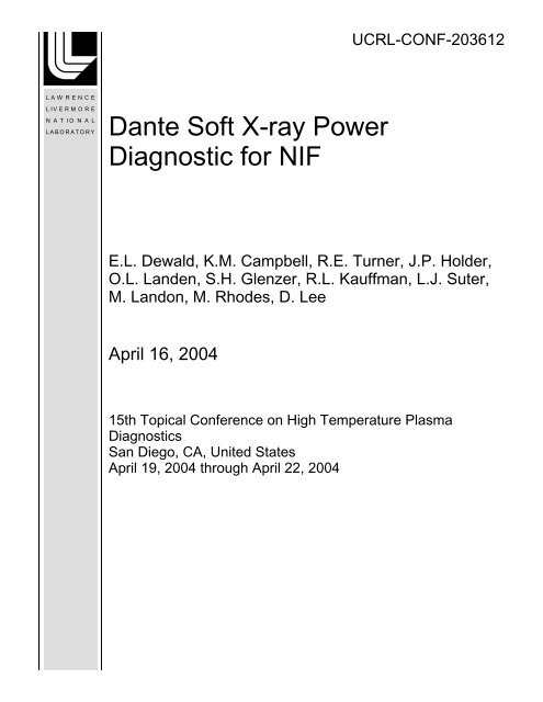 Dante Soft X-ray Power Diagnostic for NIF - Lawrence Livermore ...