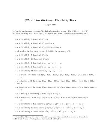 (CM)2 Intro Workshop: Divisibility Tests - Math Teachers' Circles