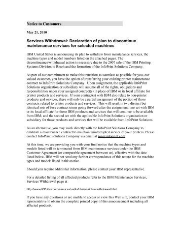 Notice to Customers Services Withdrawal: Declaration of plan to - IBM