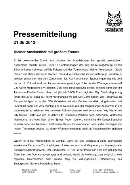 Pressemitteilung vom 21.06.2013 - Zoo Magdeburg