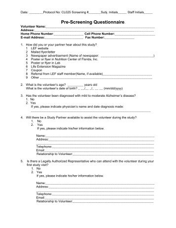 Pre-Screening Questionnaire. - Life Extension