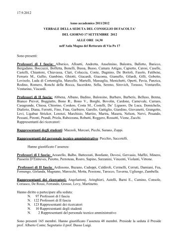 Verbale del Consiglio di Facoltā del 17 settembre 2012 da approvare