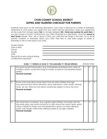 LCSD Gifted and Talented Checklist for Parents (.pdf) - Lyon County ...