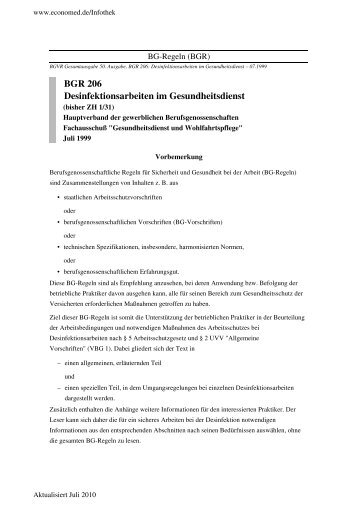 BGR 206 Desinfektionsarbeiten im Gesundheitsdienst - economed