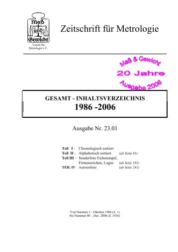 GESAMT - INHALTSVERZEICHNIS 1986 - MaÃŸ und Gewicht, Verein ...