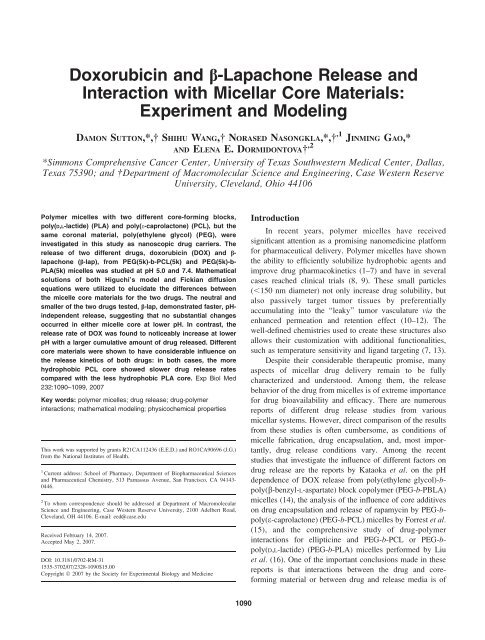 Doxorubicin and b-Lapachone Release and ... - UT Southwestern