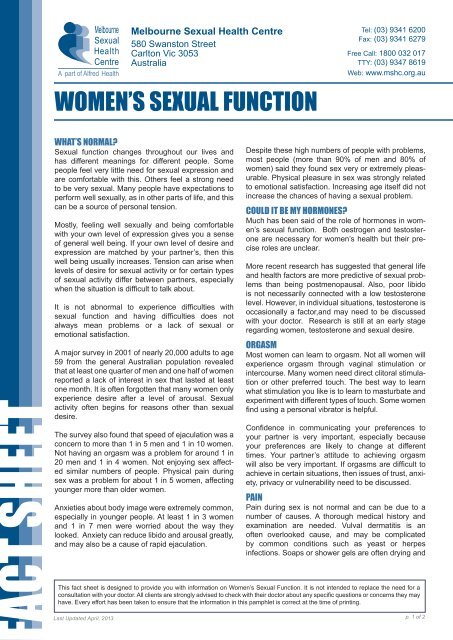 WOMEN'S SEXUAL FUNCTION Melbourne Sexual Health Centre