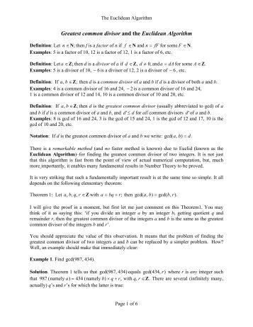 Greatest common divisor and the Euclidean Algorithm. - DCU