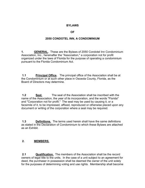 BYLAWS OF 2050 CONDOTEL INN, A CONDOMINIUM 1 ...