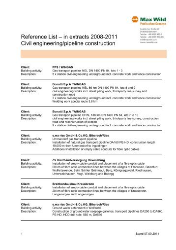 Reference List Civil engineering / Pipeline construction - Max Wild